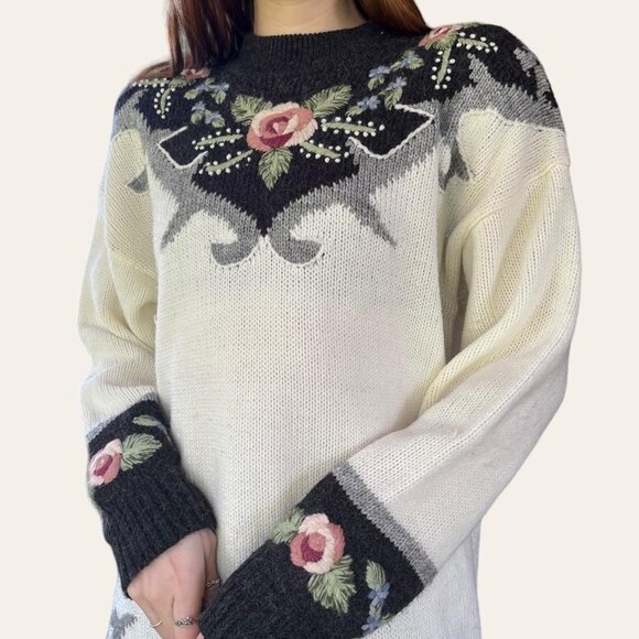 80s vintage Dana Scott long knit floral sweater - Picture 6 of 7
